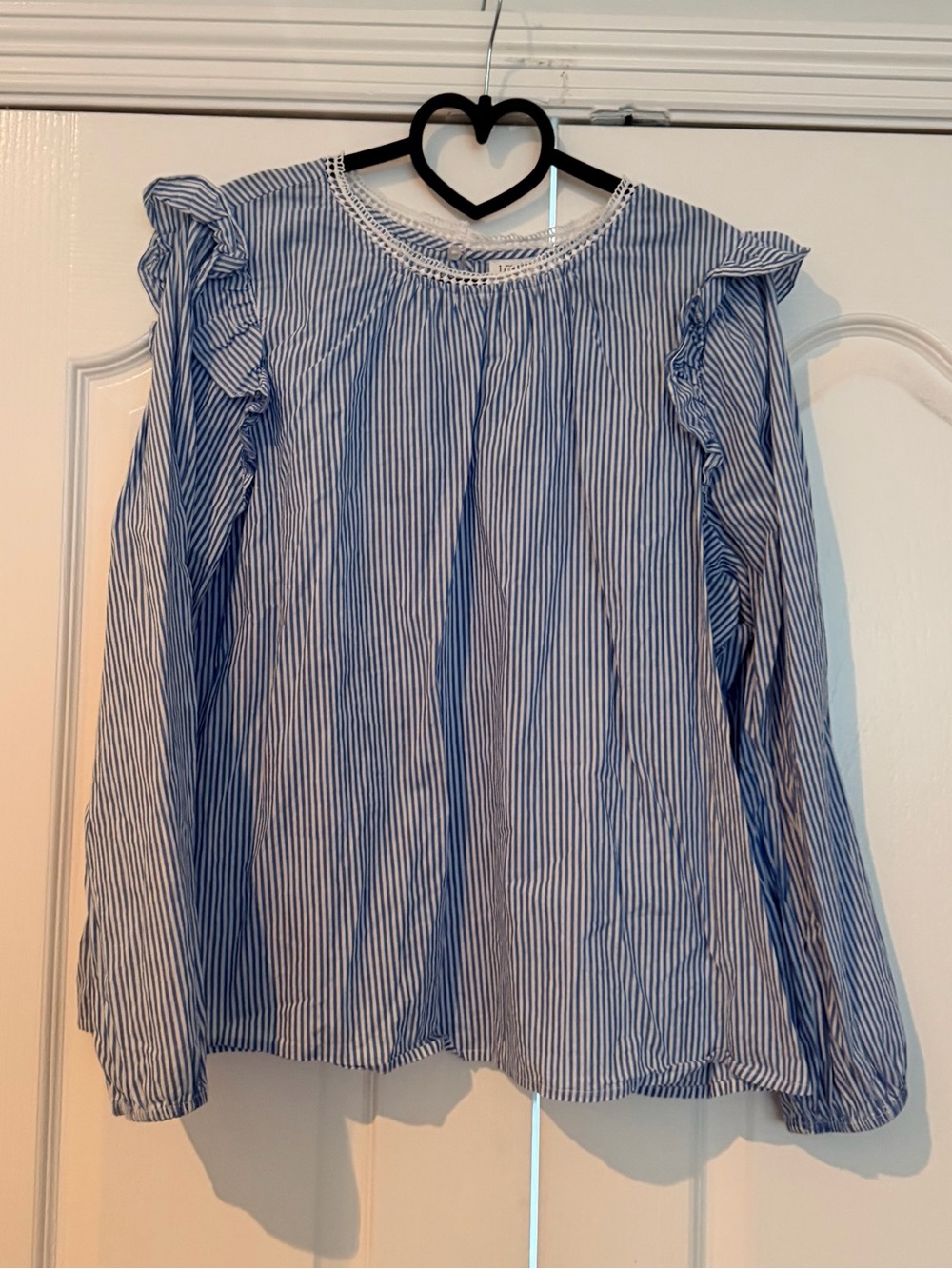 J. Crew Blue and White Striped Ruffle-Shoulder Blouse - Picture 2 of 3
